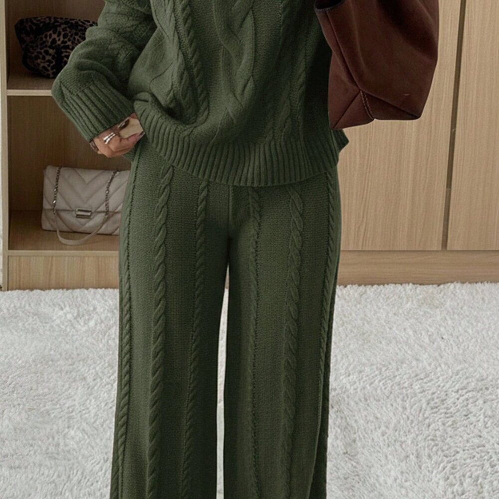 Army Green Casual Women's Crew Neck Long Sleeve Sweater And Pants Set - Picture 5 of 5